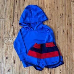 Patagonia Blue Rash-guard and Red-Blue Swim Trunks